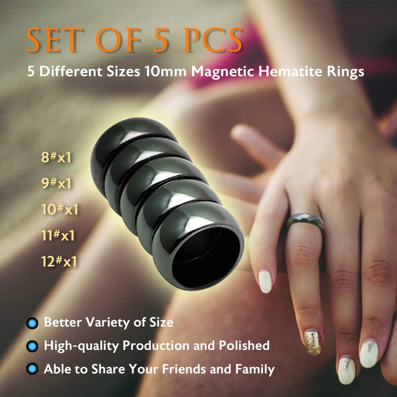 Morchic 5Pcs Pack Magnetic Hematite Stone Rings for Women & Men, Unisex Plain Band Set (10mm Width) - Mixed Sizes 8-12, Chakra Balancing, Polished Gemstone, Gift Ready - Image 3